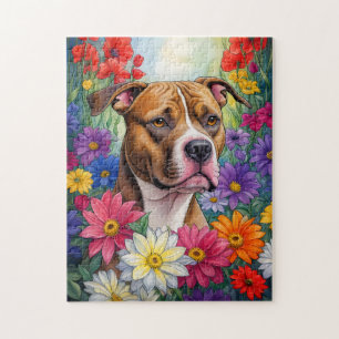 Pitbull in Flower Garden Jigsaw Puzzle