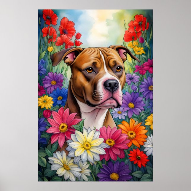 Pitbull in Flower Garden Poster (Front)