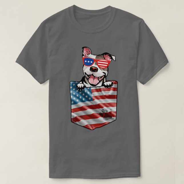 Pitbull In Pocket American Flag Patriotic 4th Of J T-Shirt (Design Front)