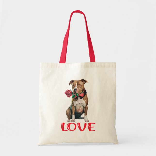 Pitbull Love Red Rose Pittie Puppy Dog Pit Bull Tote Bag (Front)
