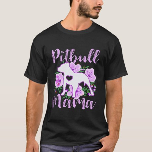 Pitbull Mama Purple Flowers Cute Pit Bull Pretty M T_Shirt