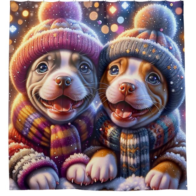 “Pitbull Puppies’ First Snowfall - Winter Art" Shower Curtain (Front)