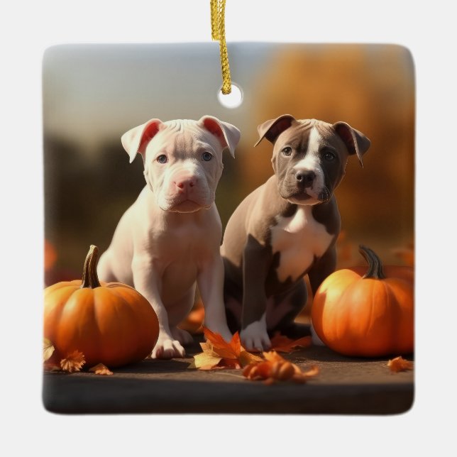 Pitbull Puppy Autumn Delight Pumpkin  Ceramic Ornament (Front)