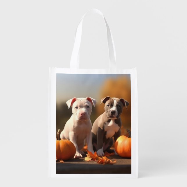 Pitbull Puppy Autumn Delight Pumpkin  Grocery Bag (Front)
