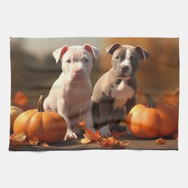Pitbull Puppy Autumn Delight Pumpkin  Kitchen Towel (Horizontal)
