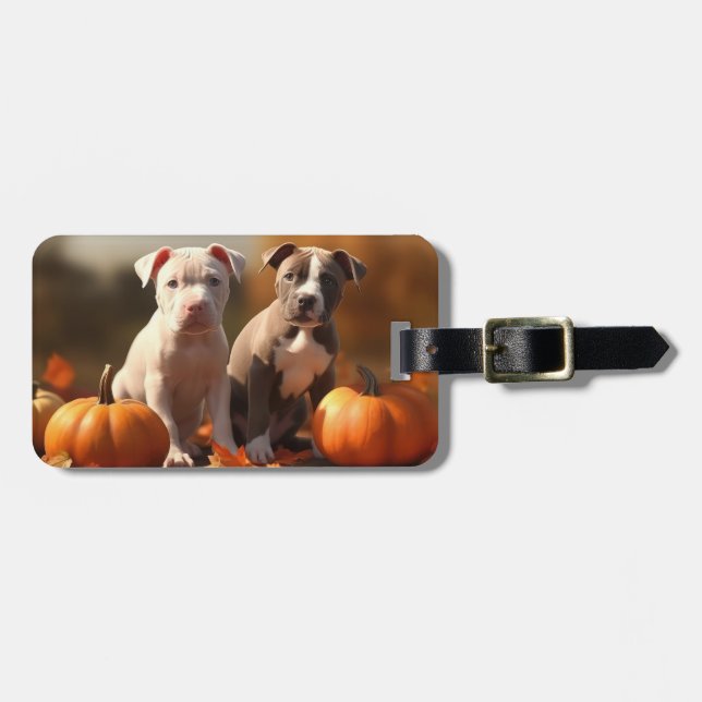 Pitbull Puppy Autumn Delight Pumpkin  Luggage Tag (Front Horizontal)