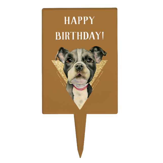 Pitbull Puppy Gold | Happy Birthday Cake Topper (Front)