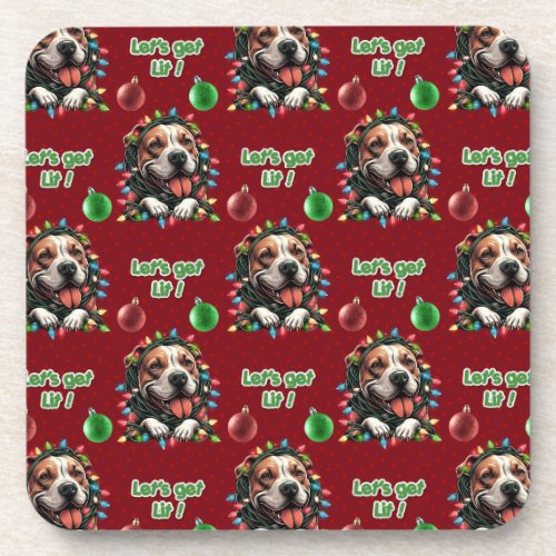 Pitbull Puppy Lets get lit Funny Christmas Bully Beverage Coaster