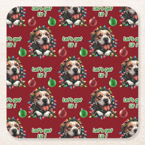 Pitbull Puppy Lets get lit Funny Christmas Bully Square Paper Coaster