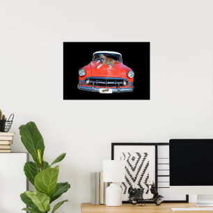Pitbull Puppy On A Classy Red Car, Poster