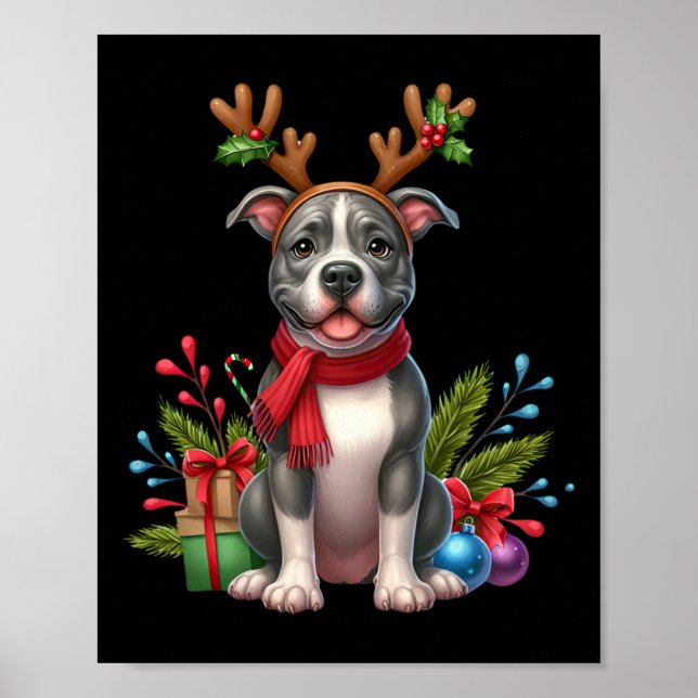 Pitbull Reindeer Santa Hat Xmas Lights Christmas X Poster (Front)