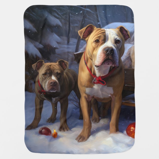 Pitbull Snowy Sleigh Christmas Decor Baby Blanket (Front)