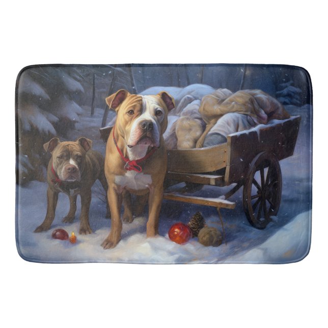 Pitbull Snowy Sleigh Christmas Decor Bath Mat (Front)