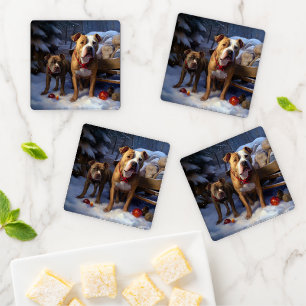 Pitbull Snowy Sleigh Christmas Decor Coaster Set
