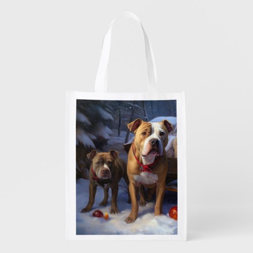 Pitbull Snowy Sleigh Christmas Decor Grocery Bag