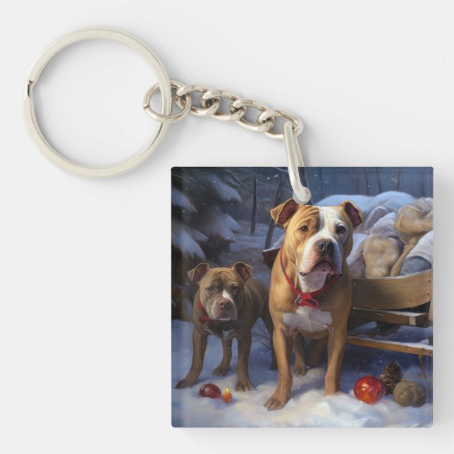 Pitbull Snowy Sleigh Christmas Decor Keychain (Front)