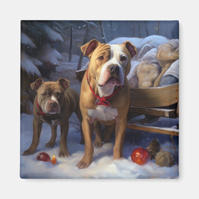 Pitbull Snowy Sleigh Christmas Decor Magnet (Front)