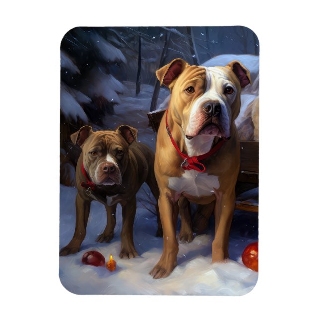 Pitbull Snowy Sleigh Christmas Decor Magnet (Vertical)