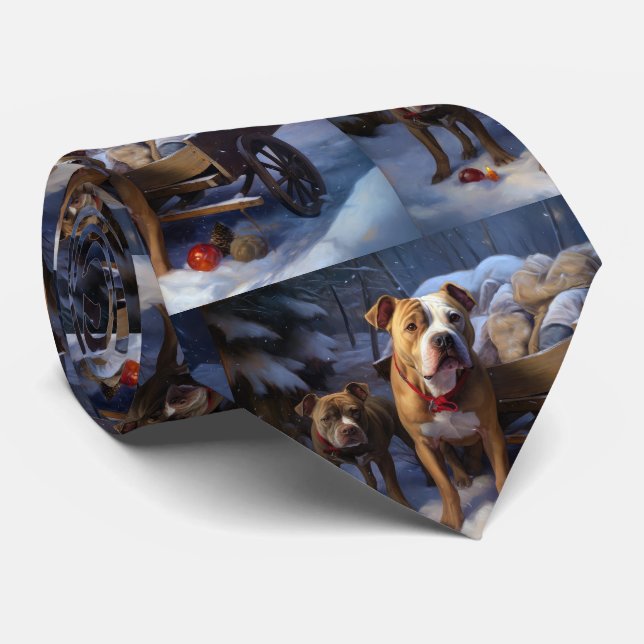 Pitbull Snowy Sleigh Christmas Decor Neck Tie (Rolled)