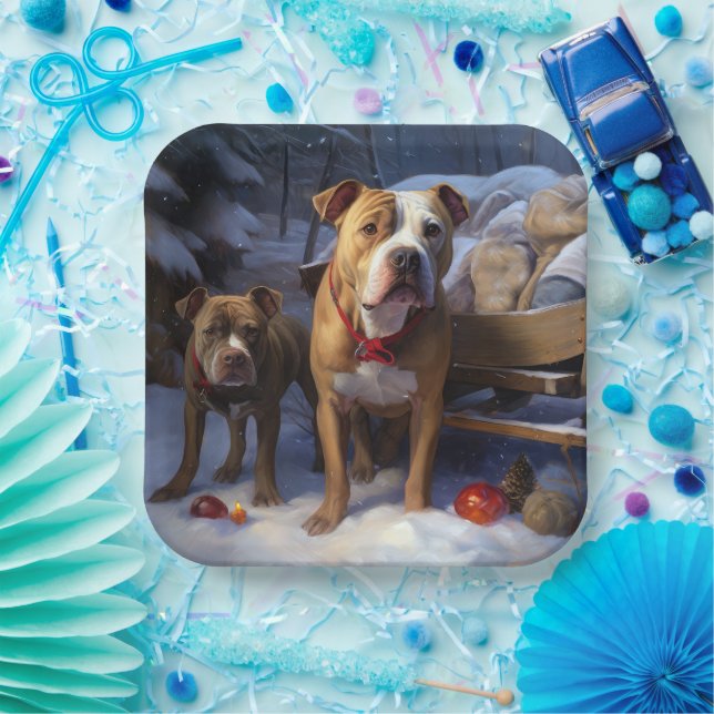 Pitbull Snowy Sleigh Christmas Decor Paper Plates (Party)