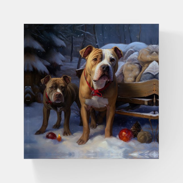 Pitbull Snowy Sleigh Christmas Decor Paperweight (Front)