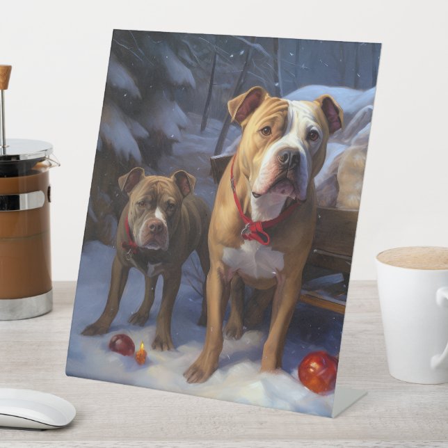 Pitbull Snowy Sleigh Christmas Decor Pedestal Sign (In SItu)