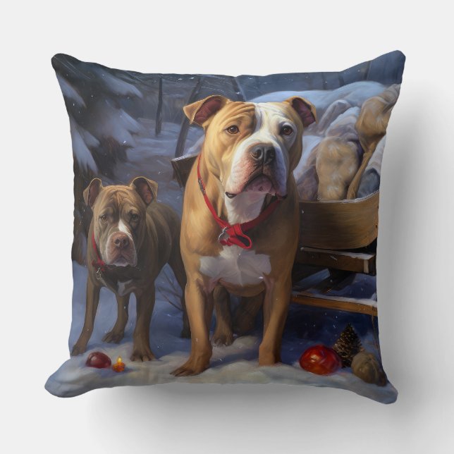 Pitbull Snowy Sleigh Christmas Decor Throw Pillow (Front)