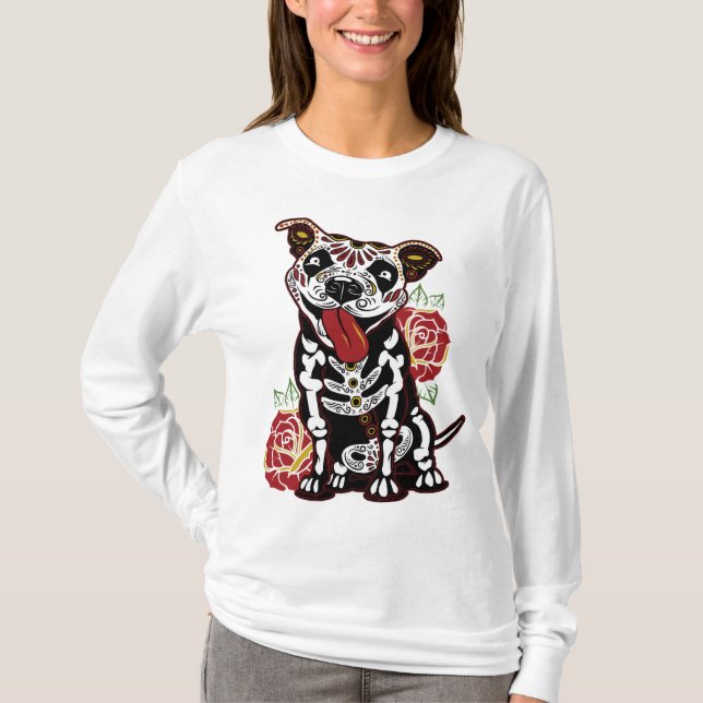 Pitbull Sugar Skull for Women, Men Pitbull Mom, Da T-Shirt (Front)