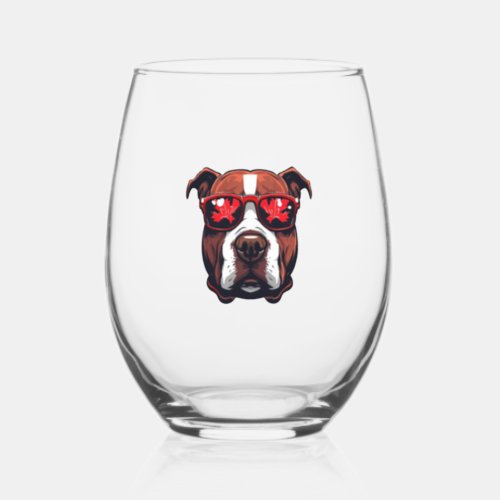 Pitbull Wearing Sunglasses in Canada colors Stemless Wine Glass