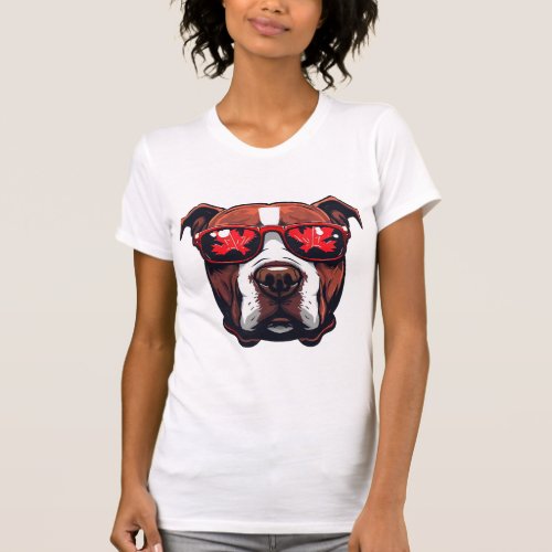 Pitbull Wearing Sunglasses in Canada colors T_Shirt