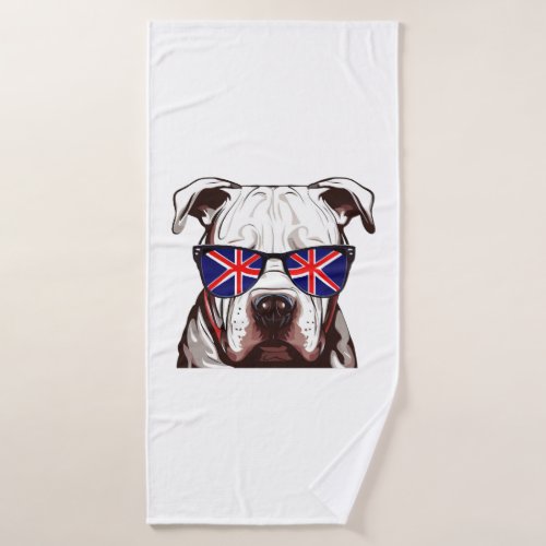 Pitbull Wearing Union Jack Sunglasses Bath Towel