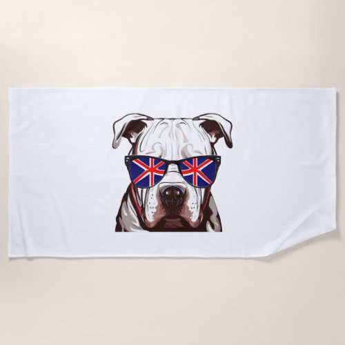 Pitbull Wearing Union Jack Sunglasses Beach Towel