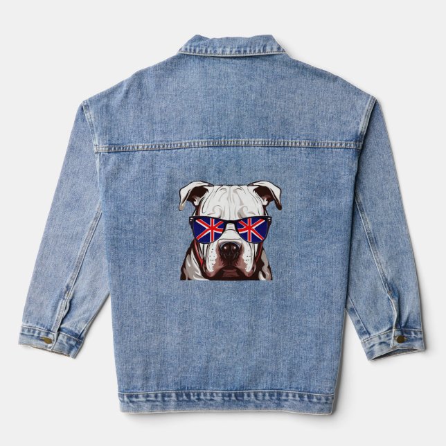 Pitbull Wearing Union Jack Sunglasses Denim Jacket (Back)