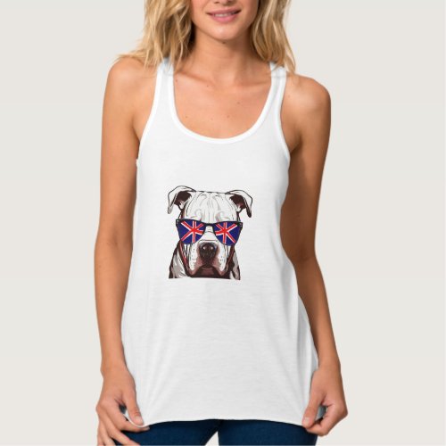 Pitbull Wearing Union Jack Sunglasses Tank Top