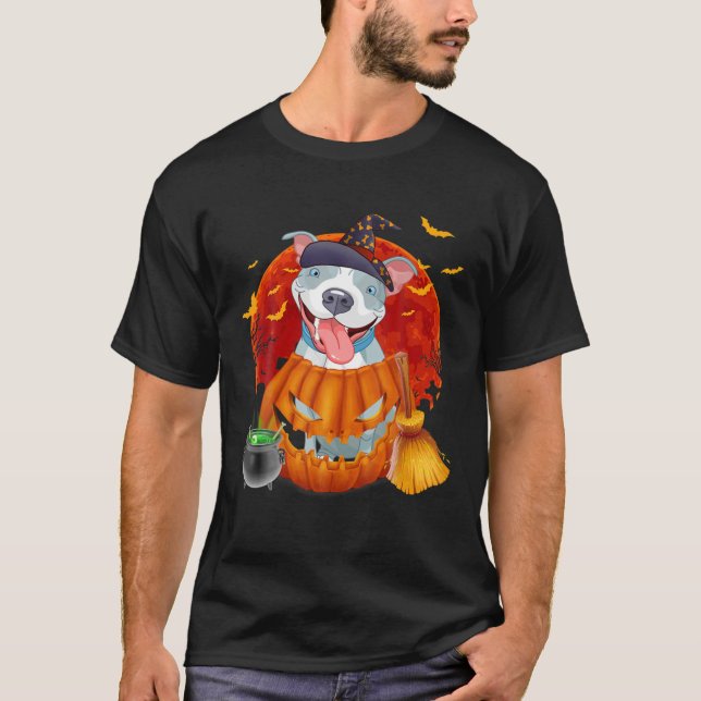 Pitbull Witch Pumpkin Halloween T-Shirt (Front)