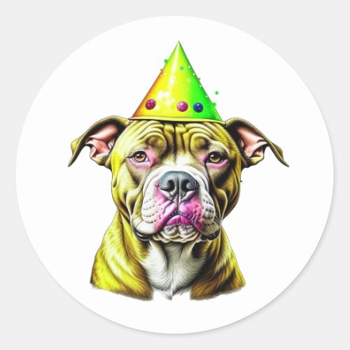 Pitbull with Birthday Hat  Classic Round Sticker