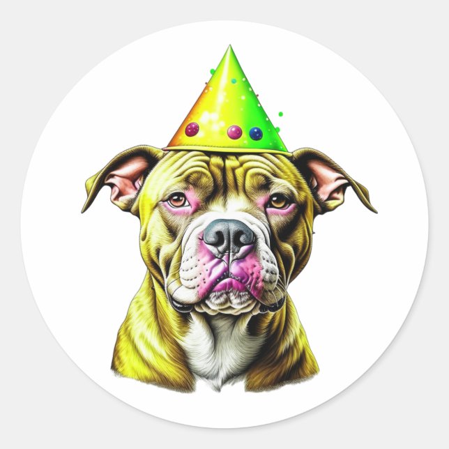 Pitbull with Birthday Hat  Classic Round Sticker (Front)