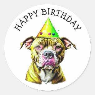 Pitbull with Birthday Hat Classic Round Sticker