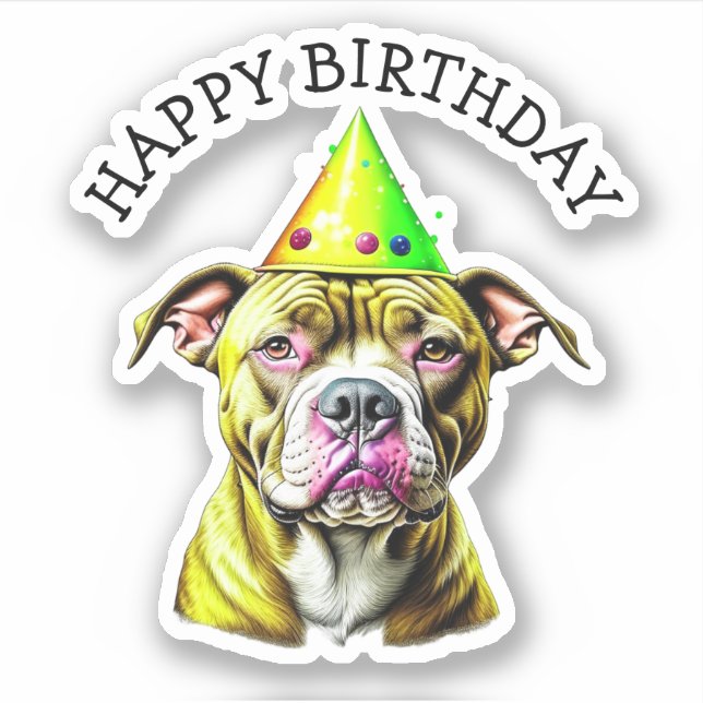 Pitbull with Birthday Hat  Sticker (Front)
