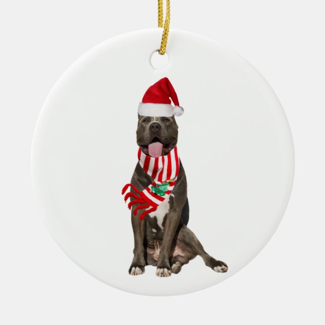 PITBULL With Hat Scaft Christmas Ceramic Ornament (Front)