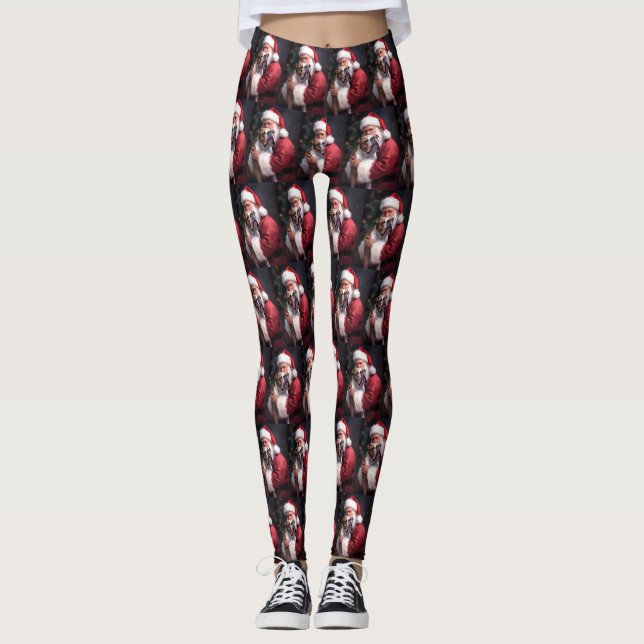Pitbull With Santa Claus Festive Christmas Leggings (Front)
