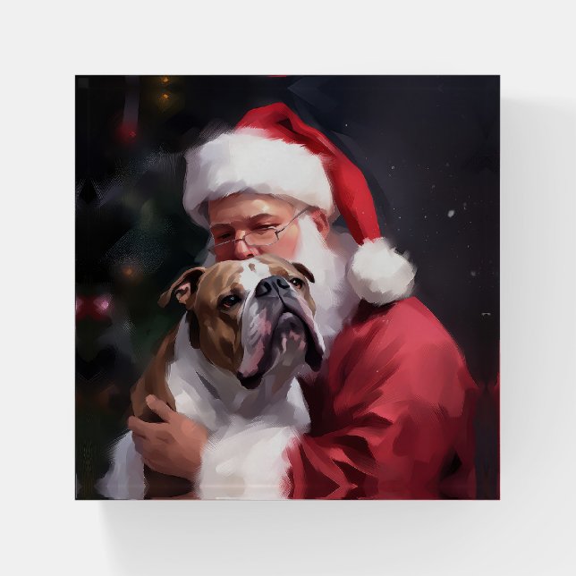 Pitbull With Santa Claus Festive Christmas Paperweight (Front)