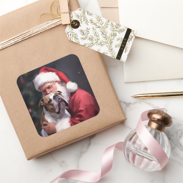 Pitbull With Santa Claus Festive Christmas Square Sticker (Gifting)