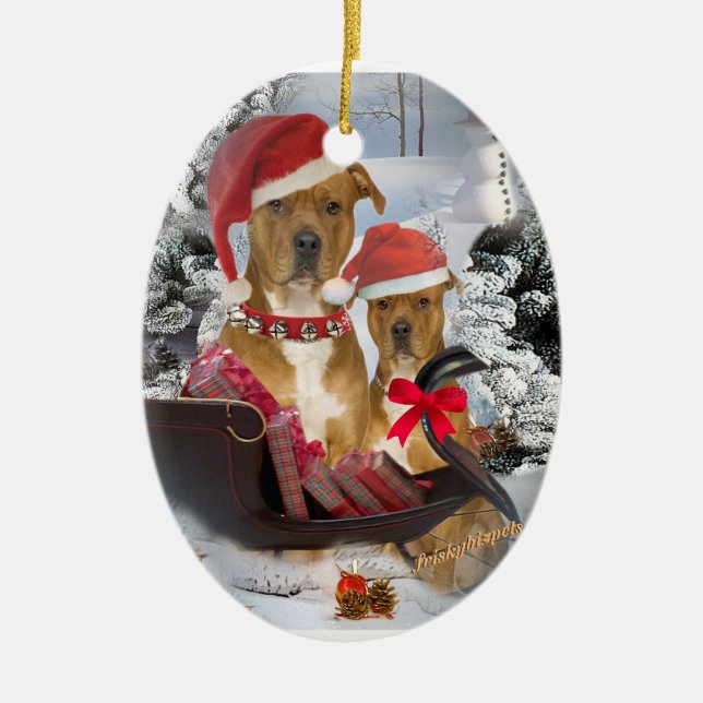 Pitbull with Santa's sleigh Ornament (Front)