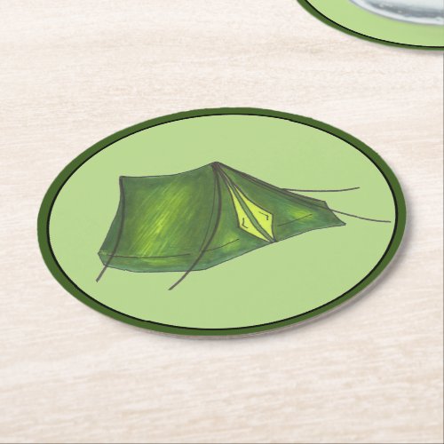 Pitch a Tent Summer Camp Camping Hiking Green Round Paper Coaster