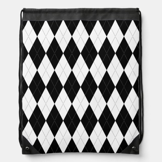Pitch Black Argyle White Small Diamond Shape Drawstring Bag (Front)