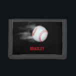 Pitch The Ball Baseball Team Player Personalized Trifold Wallet<br><div class="desc">A fabulous steaming baseball flies through the air with a personalisation of a name or other text in red. Text can be changed in the edit menu as well as the colour of the text. If no text is required delete the text in the text box.</div>