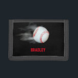 Pitch The Ball Baseball Team Player Personalized Trifold Wallet<br><div class="desc">A fabulous steaming baseball flies through the air with a personalisation of a name or other text in red. Text can be changed in the edit menu as well as the colour of the text. If no text is required delete the text in the text box.</div>