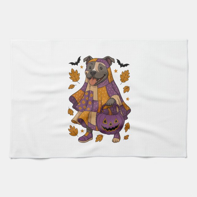 Pitpull Dog Ghost Halloween Kitchen Towel (Horizontal)
