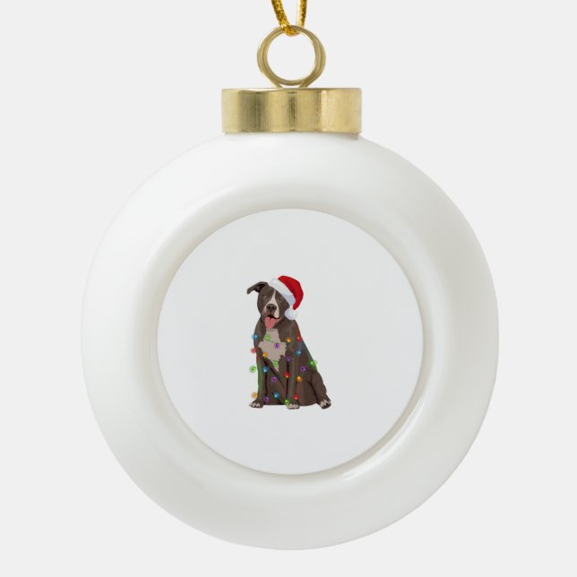 Pittie Pitbull Christmas Lights Xmas Dog Lover  Ceramic Ball Christmas Ornament (Front)
